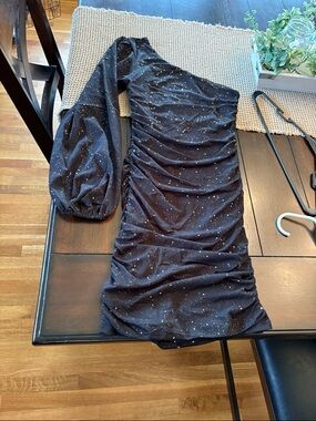 One-Shoulder Black Sparkle Ruched Mini Dress